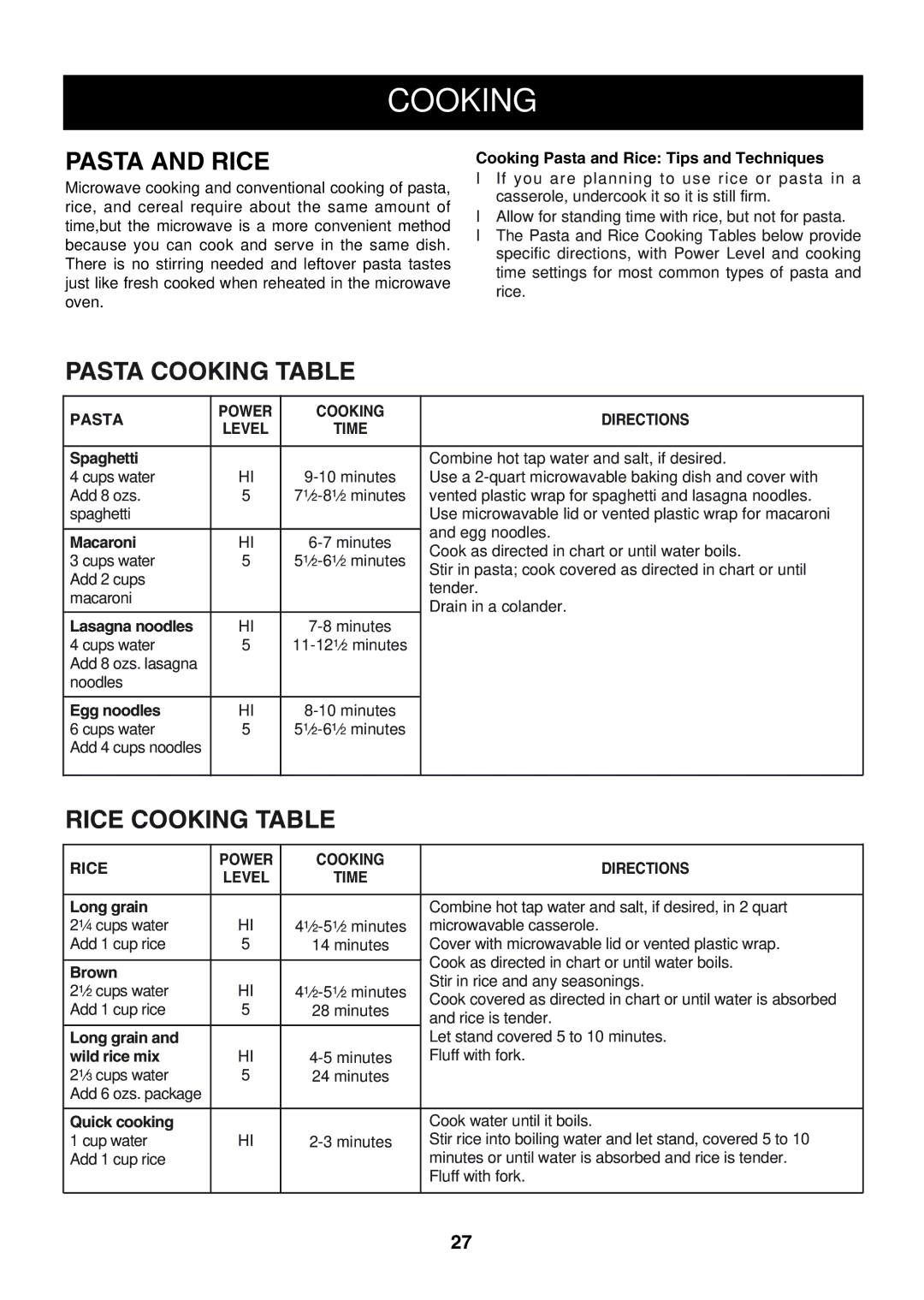 Minolta LMVM2085SB owner manual Pasta and Rice, Pasta Cooking Table, Rice Cooking Table, Pasta Power Cooking Directions 