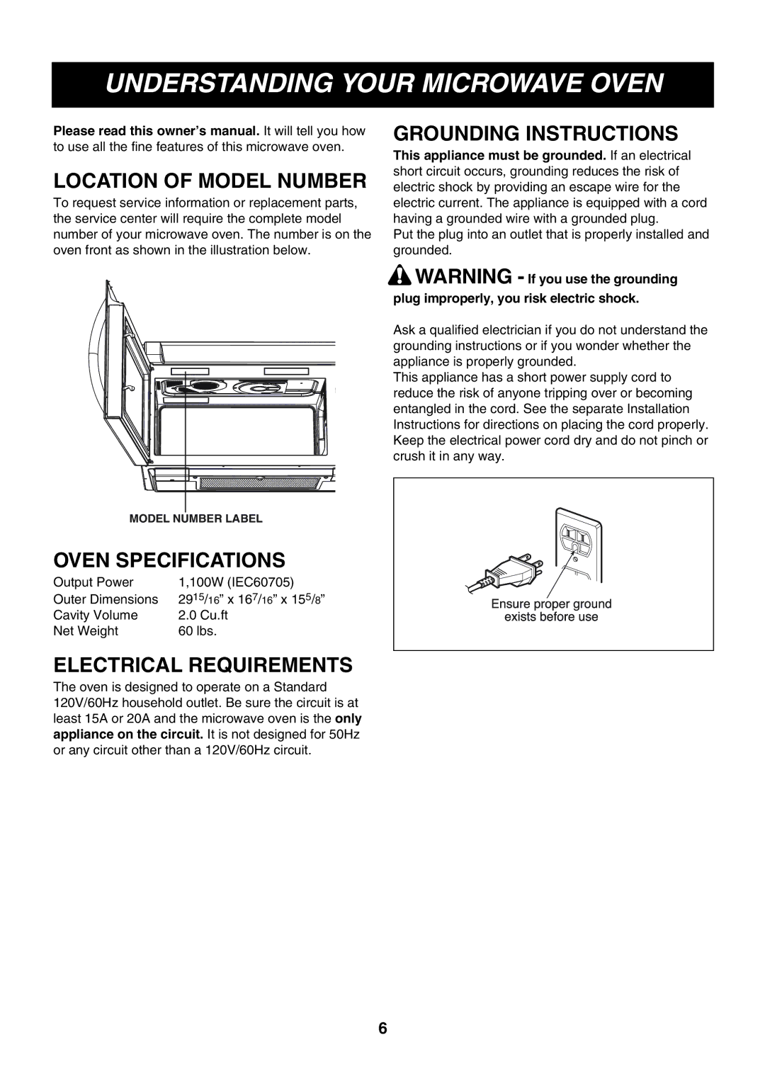 Minolta LMVM2085SB owner manual Understanding Your Microwave Oven, Location of Model Number, Grounding Instructions 