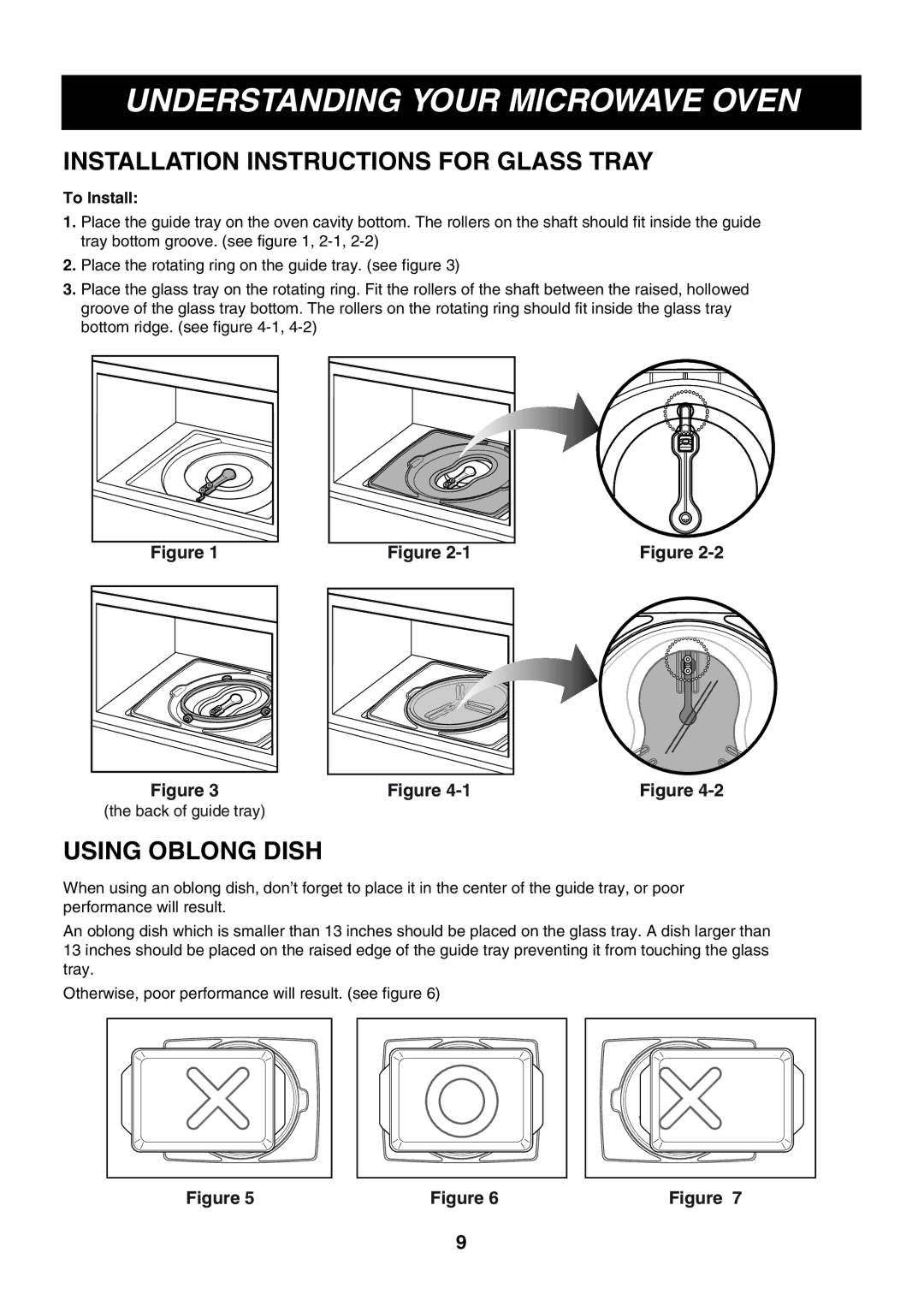 Minolta LMVM2085SB owner manual Installation Instructions for Glass Tray, Using Oblong Dish, Back of guide tray 