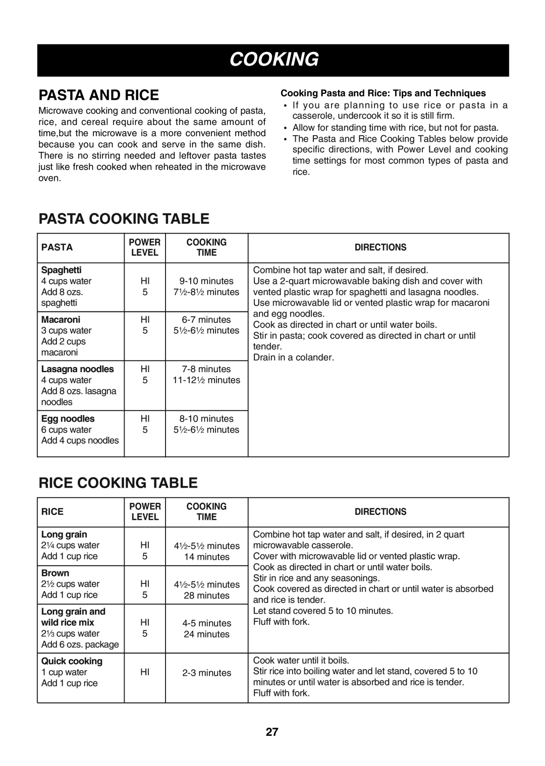 Minolta LMVM2085SB owner manual Pasta And Rice, Pasta Cooking Table, Rice Cooking Table 
