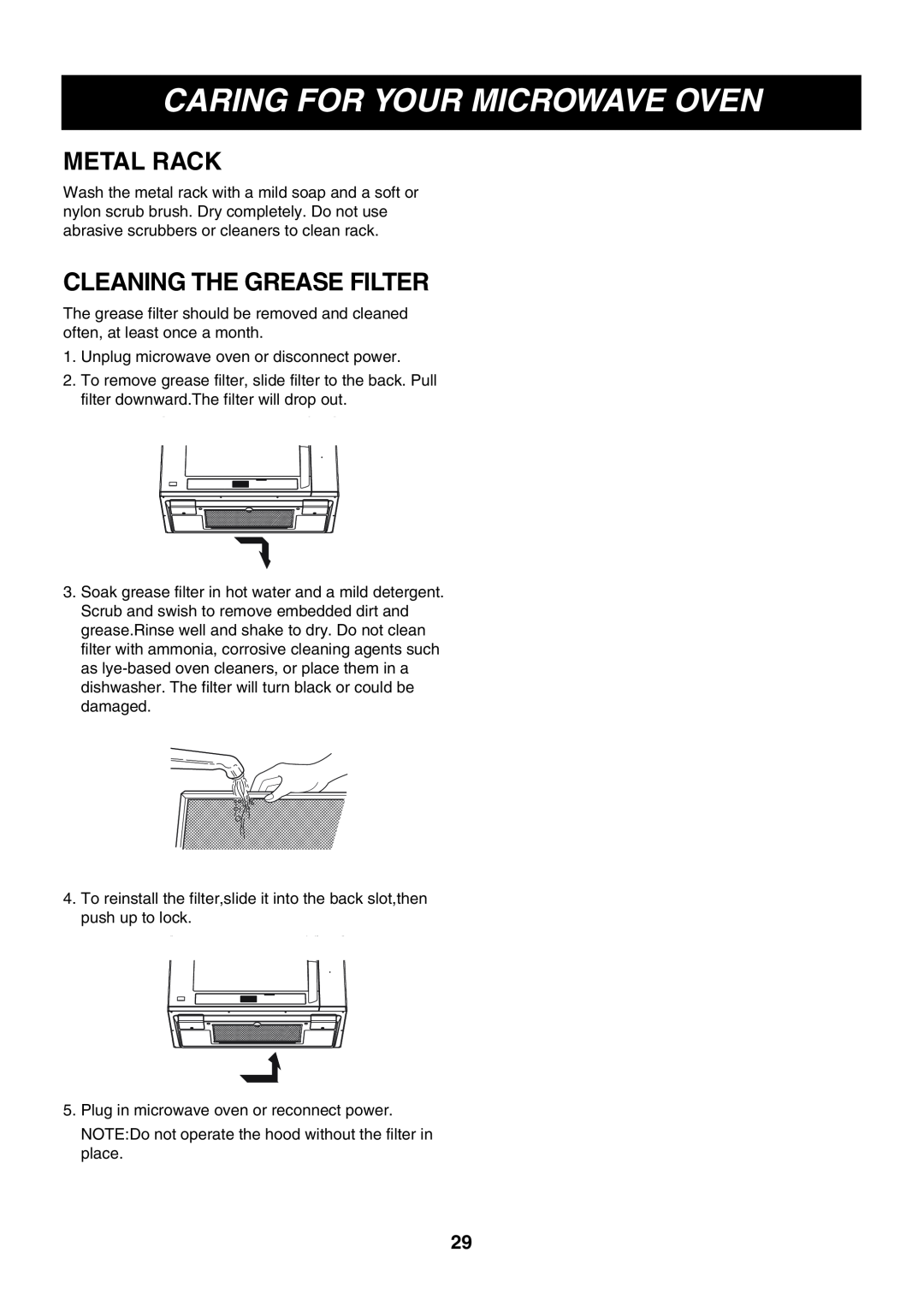 Minolta LMVM2085SB owner manual Cleaning The Grease Filter, Caring For Your Microwave Oven, Metal Rack 