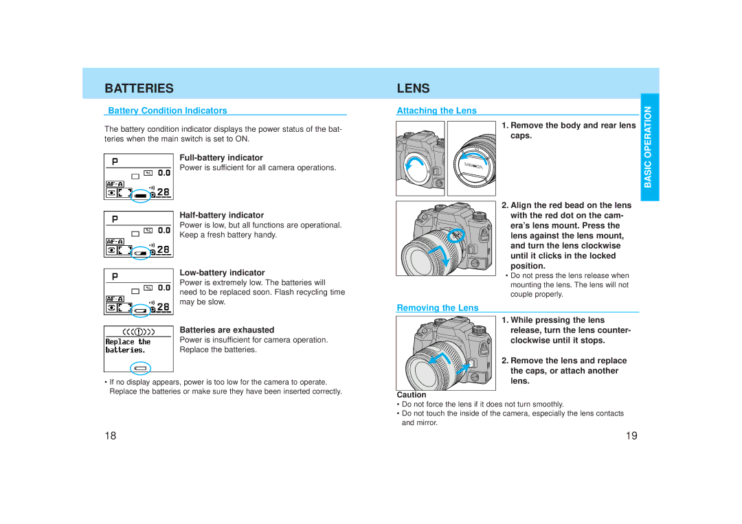 Minolta Maxxum, Minolta, Dynax 7 manual Battery Condition Indicators, Attaching the Lens, Removing the Lens 