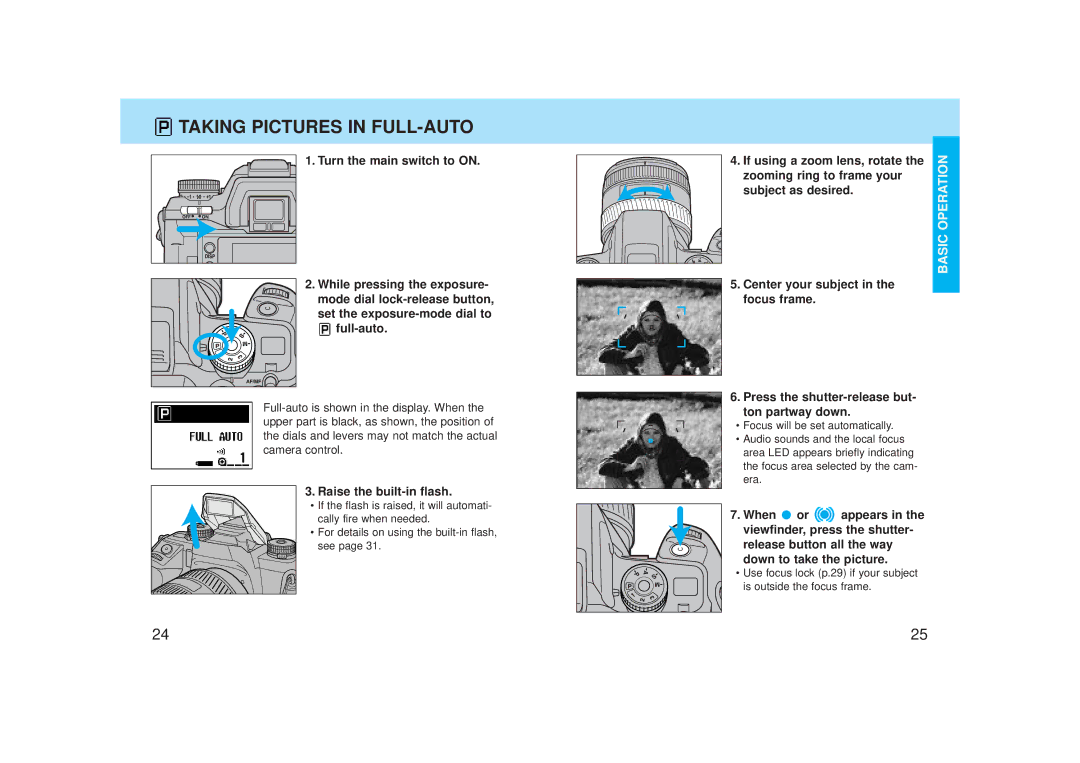 Minolta Maxxum, Minolta, Dynax 7 manual Taking Pictures in FULL-AUTO, Turn the main switch to on, Raise the built-in flash 