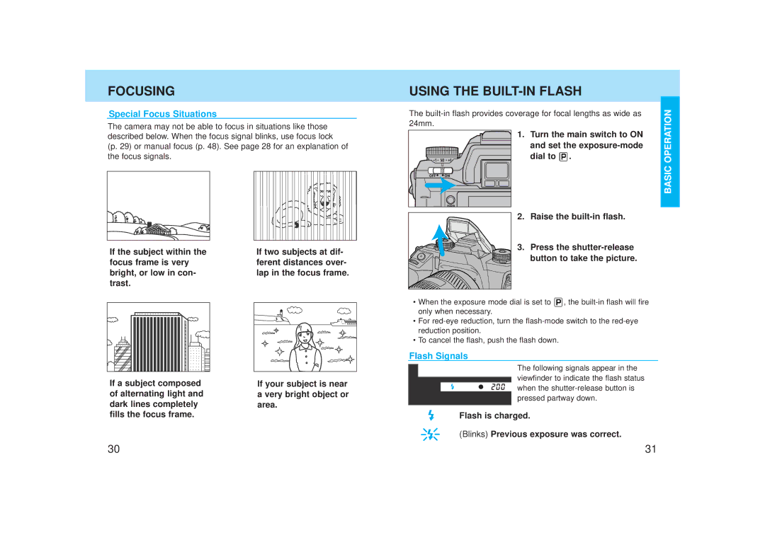 Minolta Maxxum, Minolta, Dynax 7 manual Using the BUILT-IN Flash, Special Focus Situations, Flash Signals 