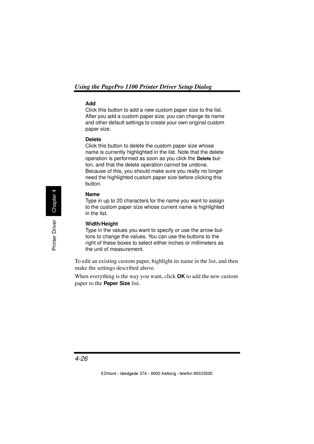 Minolta PagePro 1100 user manual Add, Delete, Name, Width/Height 