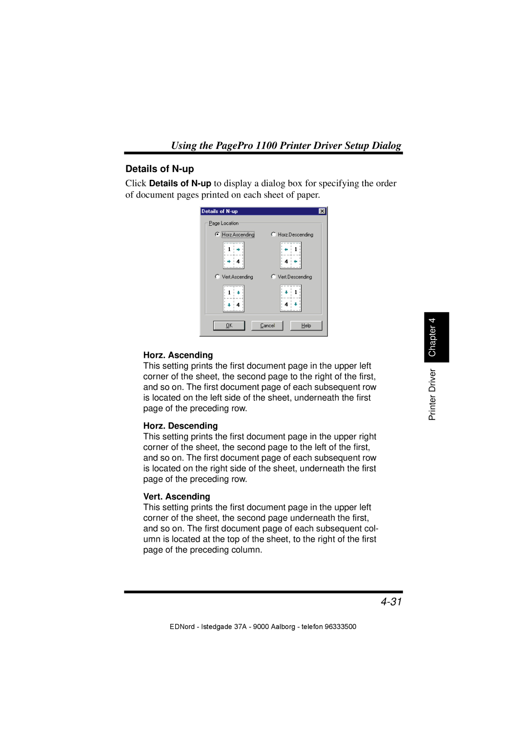 Minolta PagePro 1100 user manual Details of N-up, Horz. Ascending, Horz. Descending, Vert. Ascending 