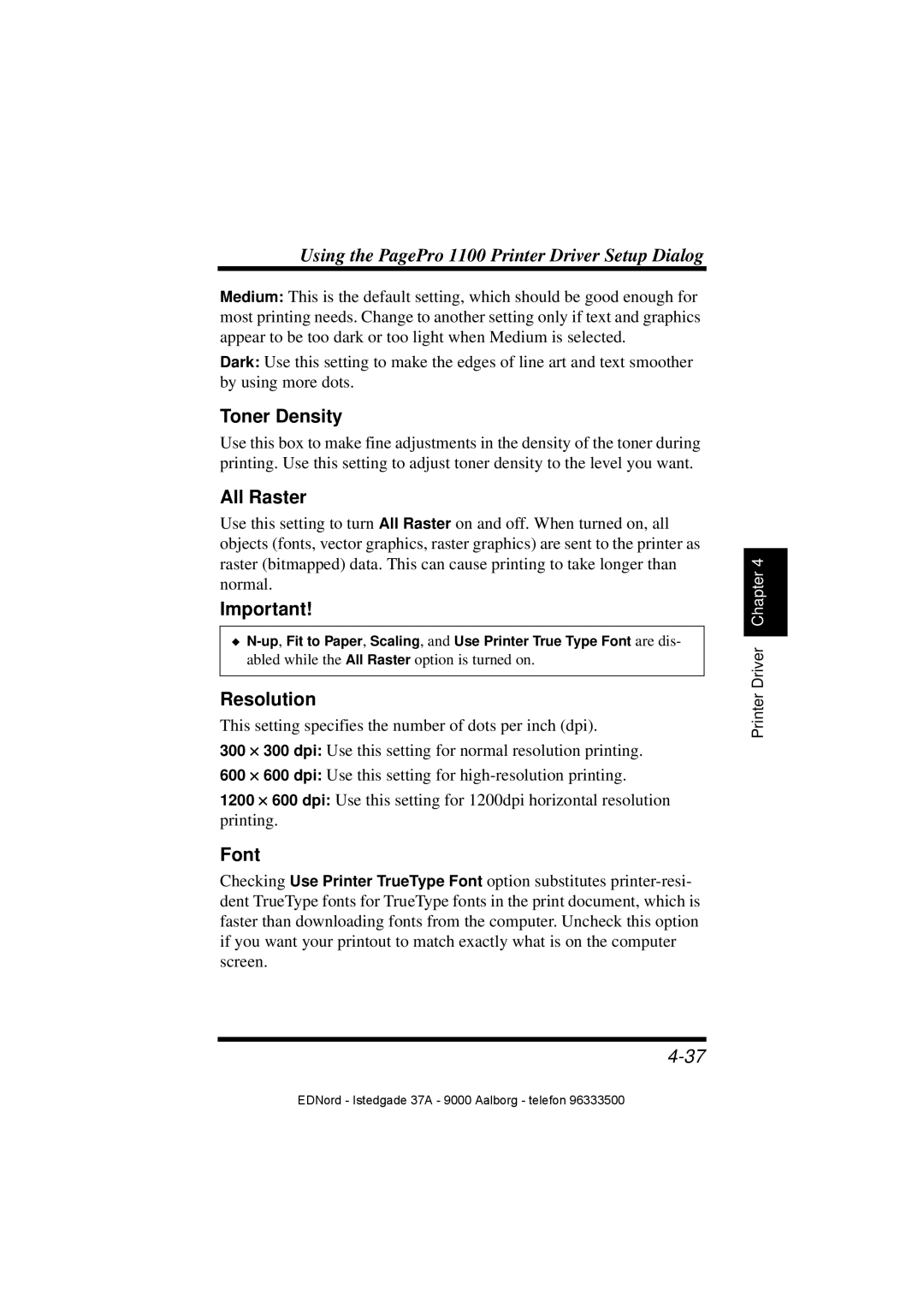 Minolta PagePro 1100 user manual Toner Density, All Raster, Resolution, Font 