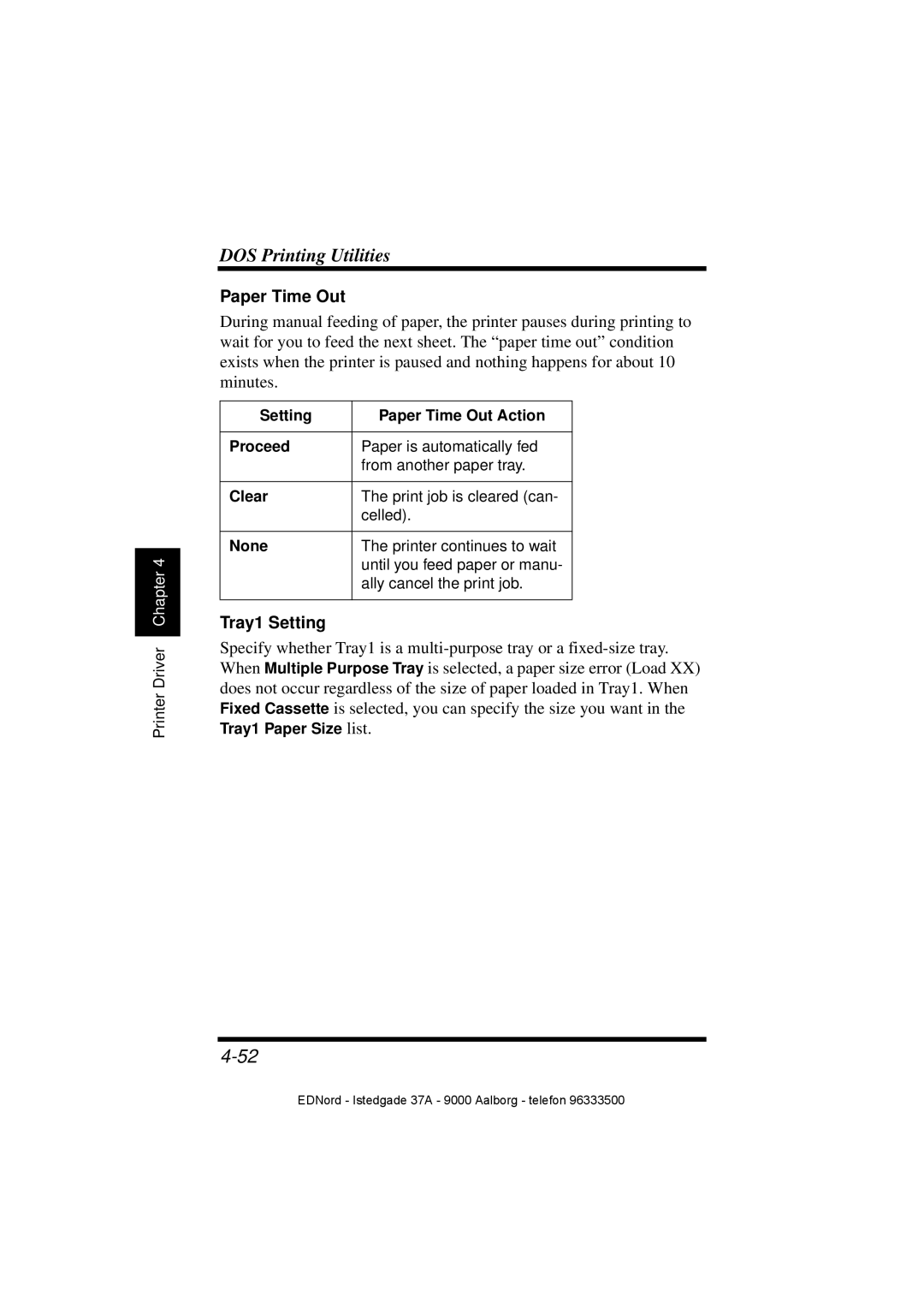 Minolta PagePro 1100 user manual Tray1 Setting, Setting Paper Time Out Action Proceed, Clear, None 