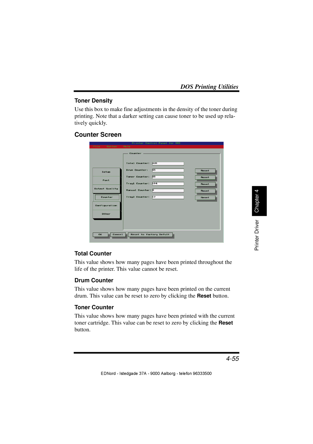 Minolta PagePro 1100 user manual Counter Screen, Toner Density, Total Counter, Drum Counter, Toner Counter 