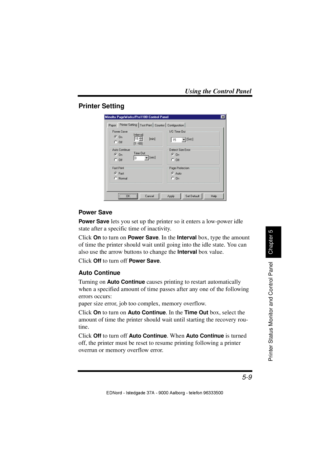 Minolta PagePro 1100 user manual Printer Setting, Auto Continue 