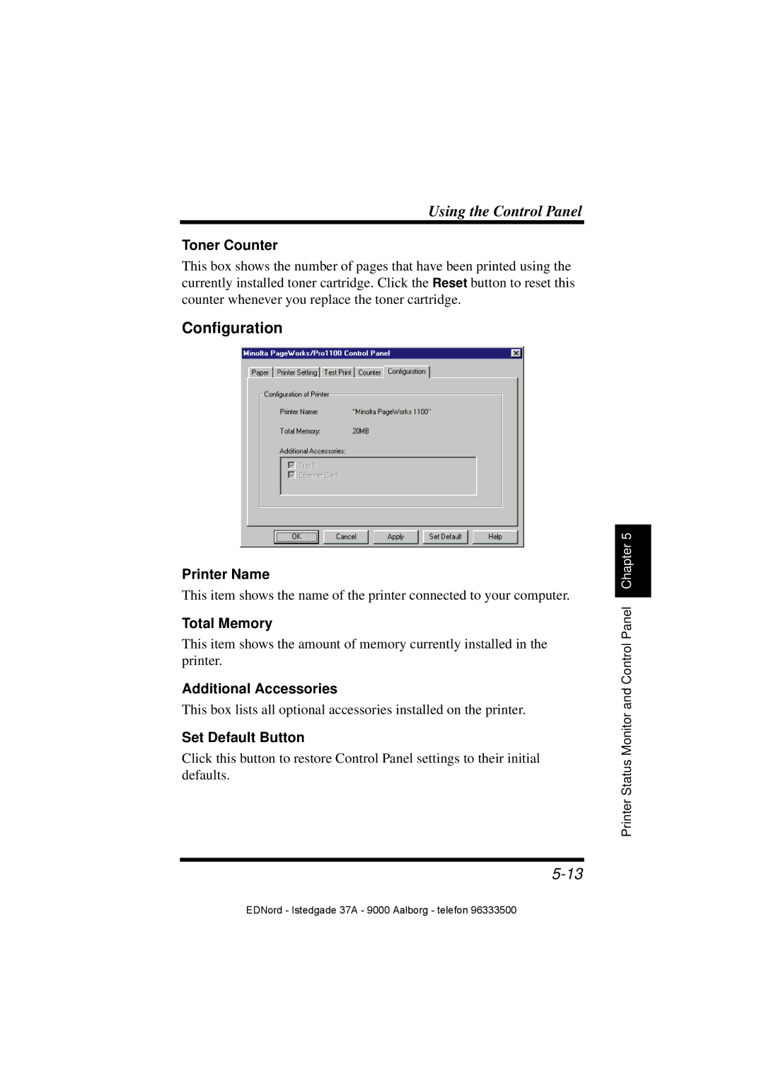 Minolta PagePro 1100 user manual Configuration, Set Default Button 