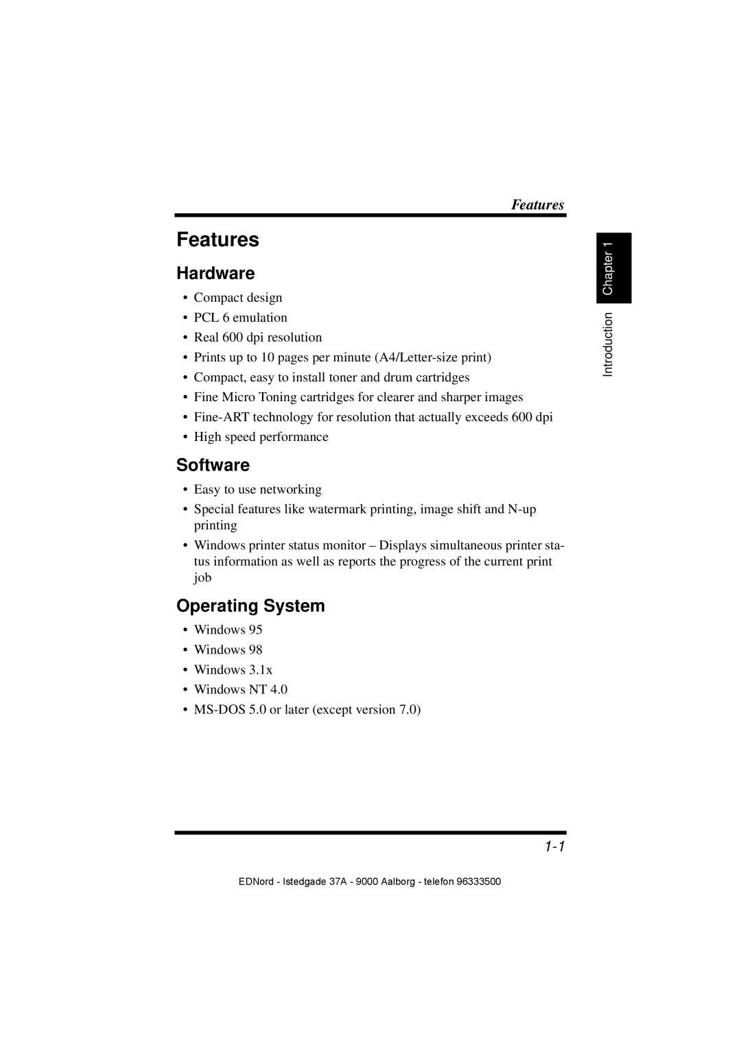 Minolta PagePro 1100 user manual Features, Hardware, Software, Operating System 