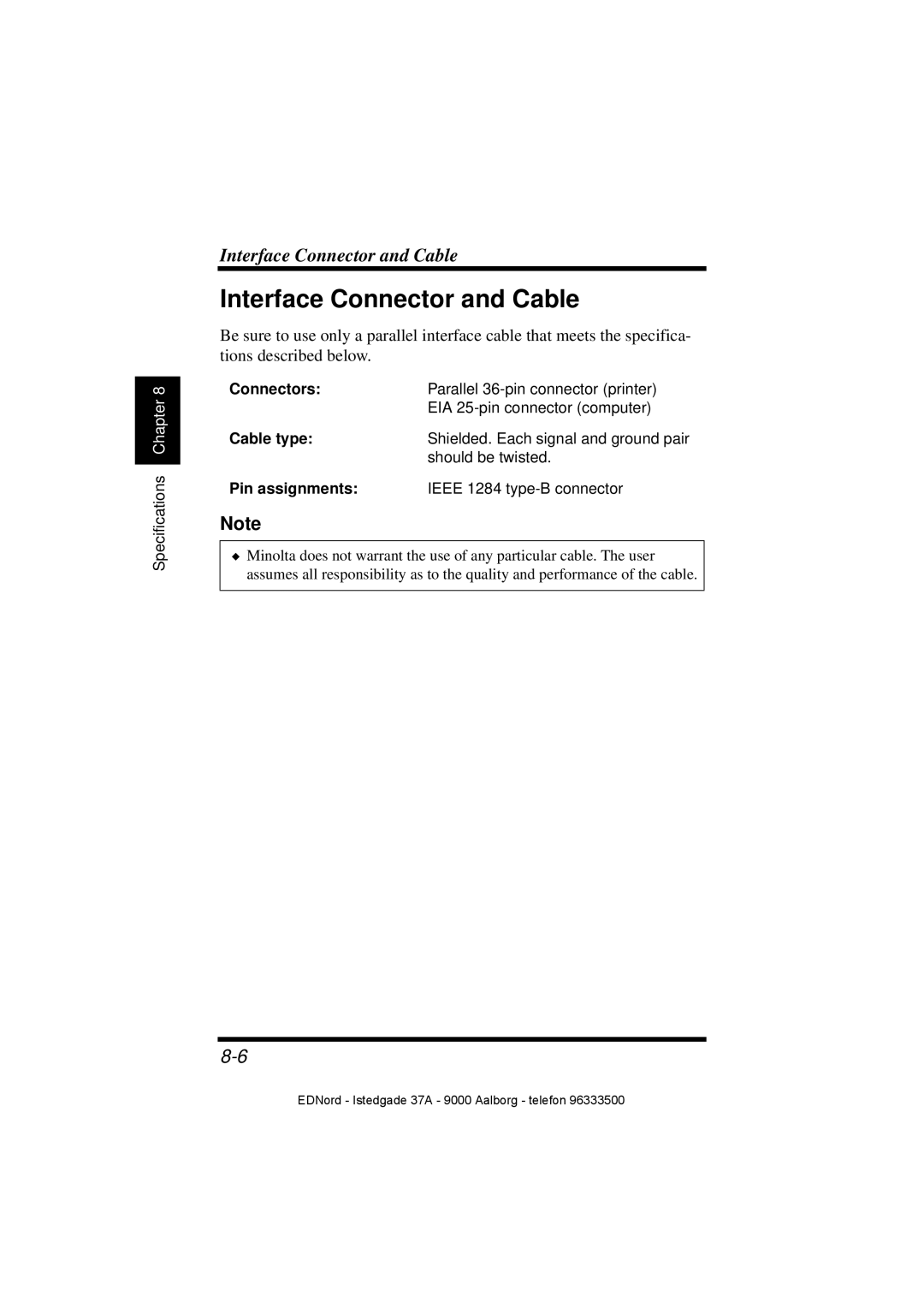 Minolta PagePro 1100 user manual Interface Connector and Cable, Connectors, Cable type, Pin assignments 