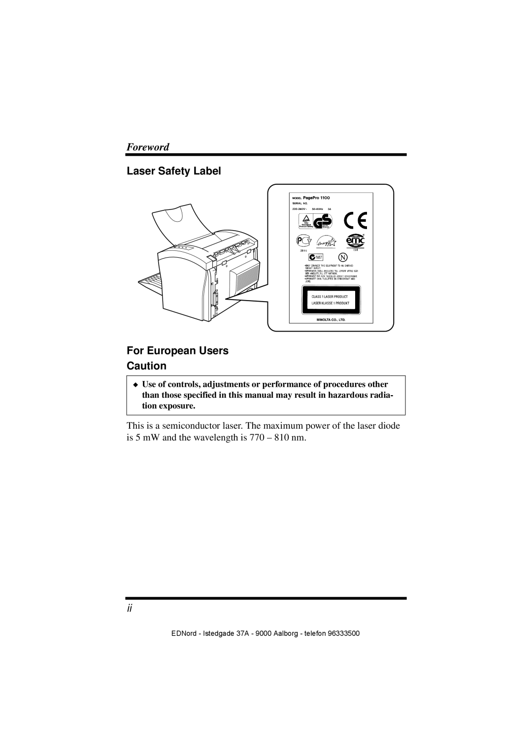 Minolta PagePro 1100 user manual Laser Safety Label For European Users 