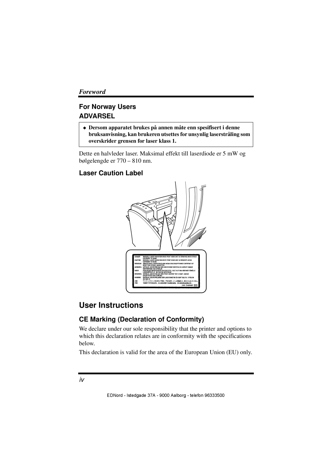 Minolta PagePro 1100 User Instructions, For Norway Users, Laser Caution Label, CE Marking Declaration of Conformity 