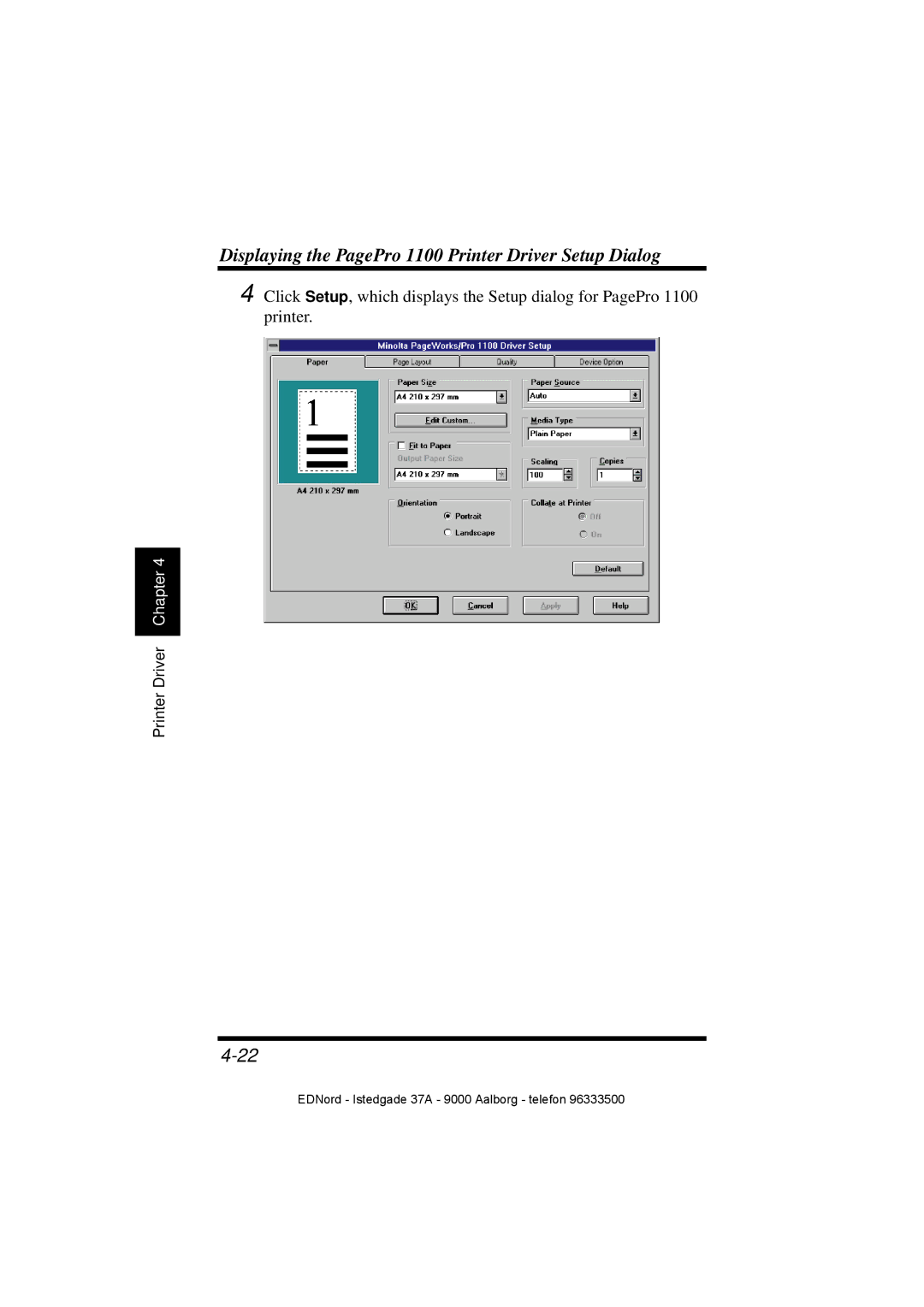 Minolta user manual Displaying the PagePro 1100 Printer Driver Setup Dialog 