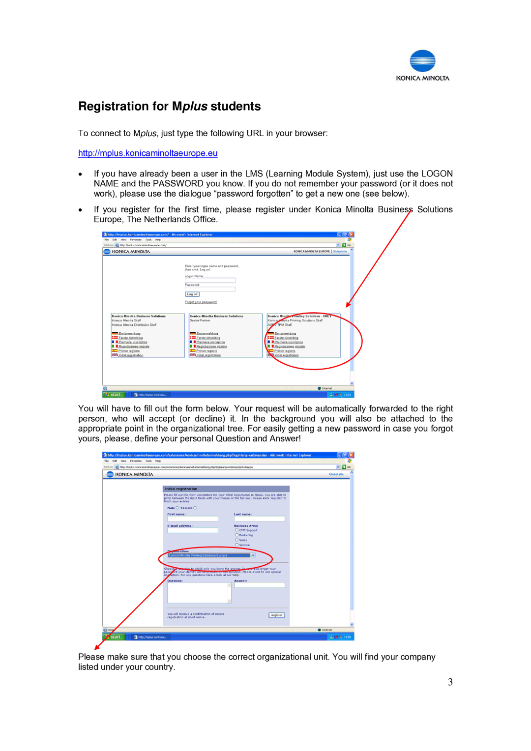 Minolta PC manual Registration for Mplus students, Http//mplus.konicaminoltaeurope.eu 