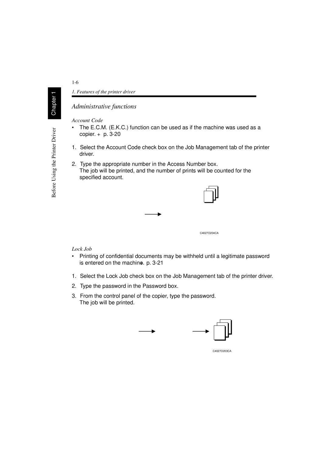 Minolta PCL6 user manual Administrative functions, Account Code, Lock Job 