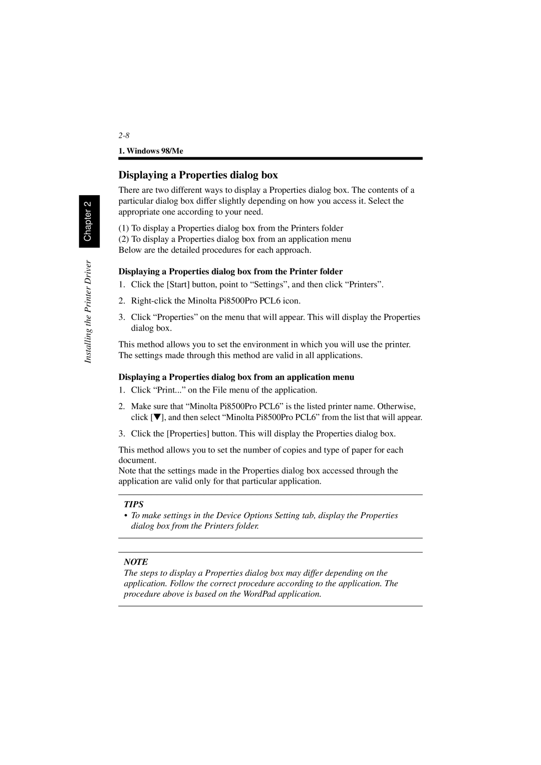 Minolta PCL6 user manual Displaying a Properties dialog box from the Printer folder 