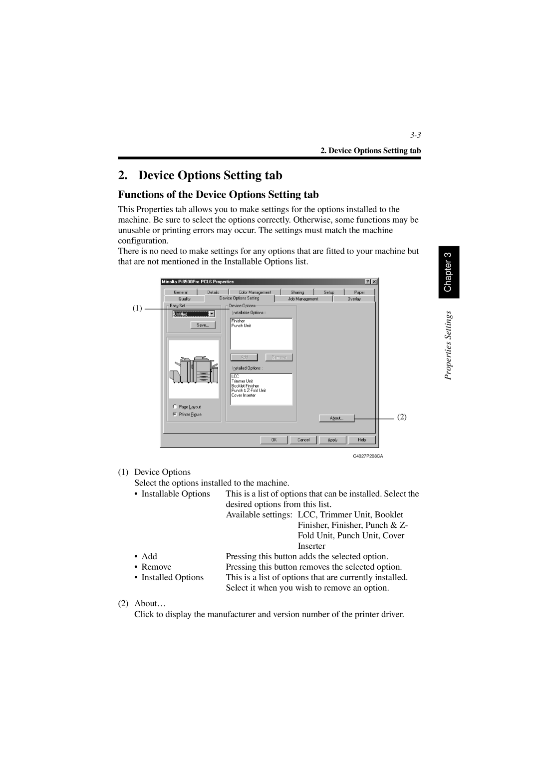 Minolta PCL6 user manual Functions of the Device Options Setting tab 