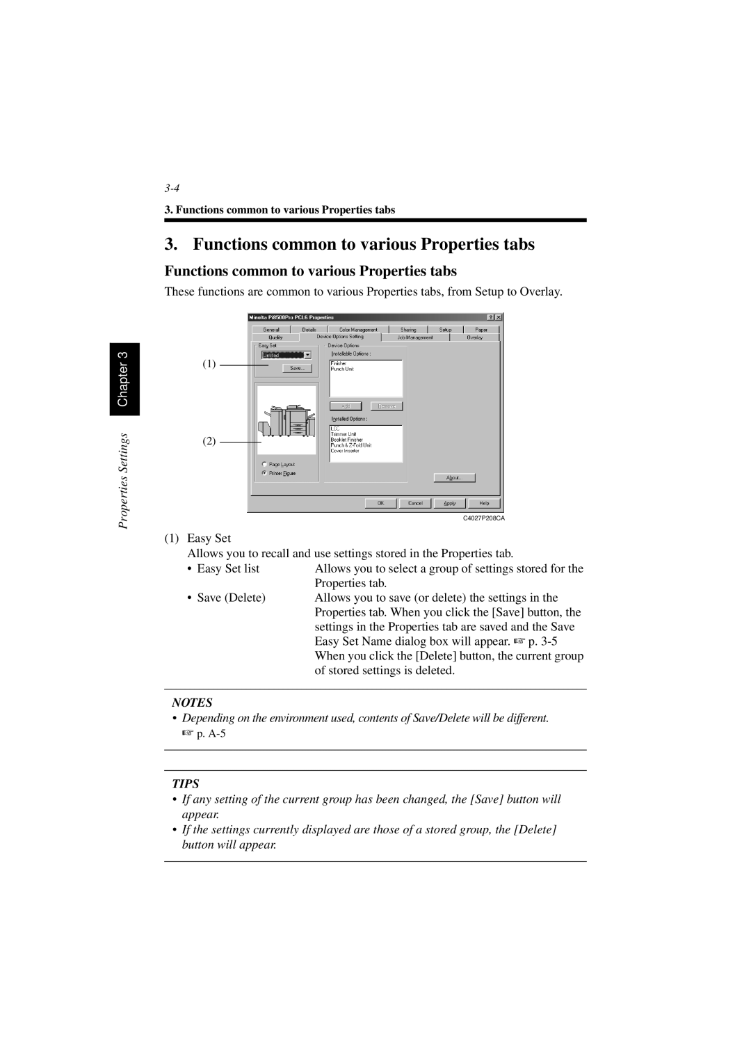 Minolta PCL6 user manual Functions common to various Properties tabs 