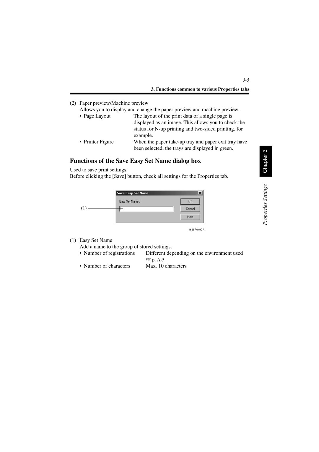 Minolta PCL6 user manual Functions of the Save Easy Set Name dialog box 