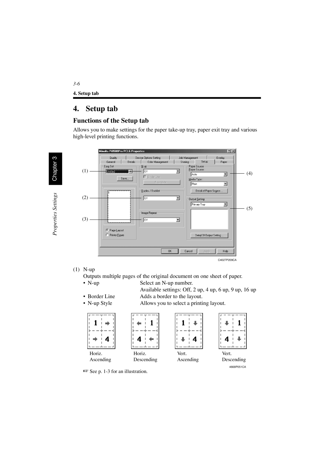 Minolta PCL6 user manual Functions of the Setup tab 