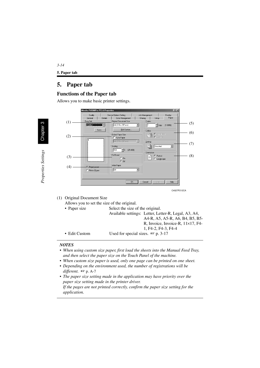 Minolta PCL6 user manual Functions of the Paper tab 