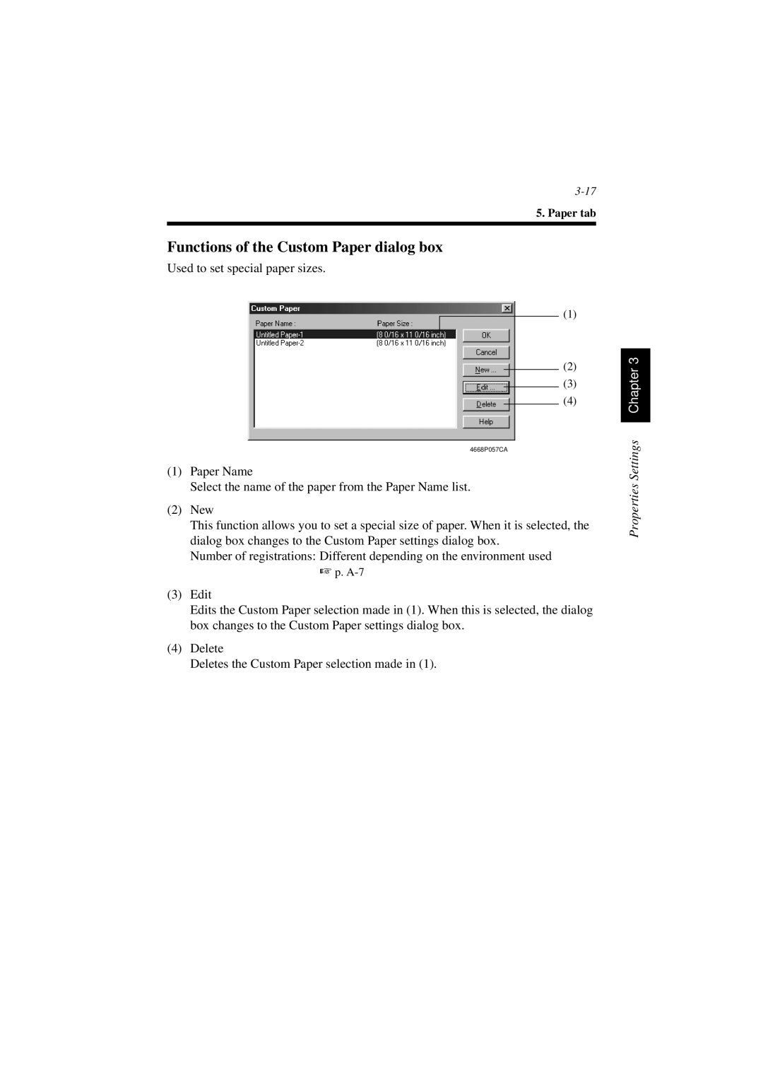 Minolta PCL6 user manual Functions of the Custom Paper dialog box 