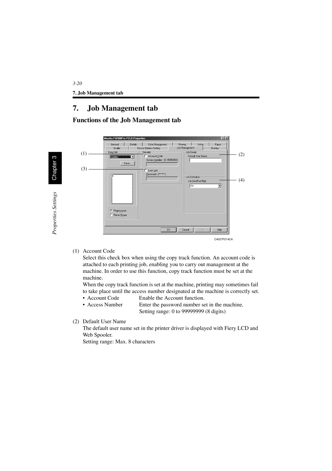 Minolta PCL6 user manual Functions of the Job Management tab 