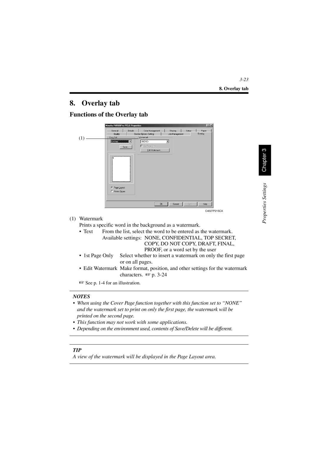 Minolta PCL6 user manual Functions of the Overlay tab 