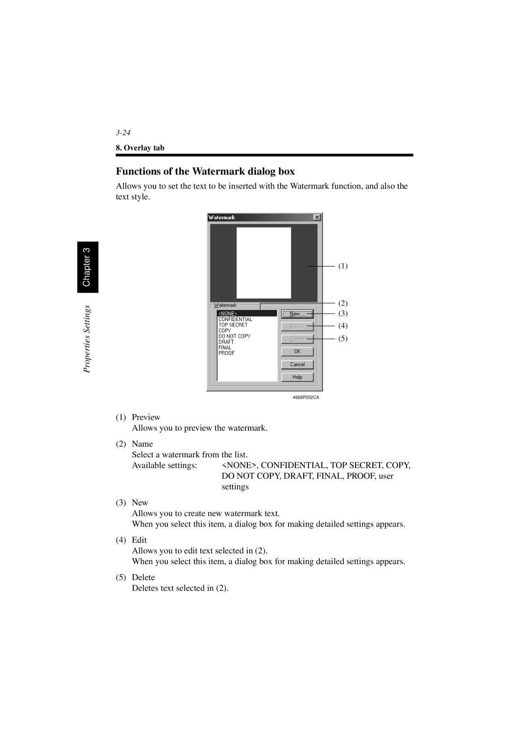 Minolta PCL6 user manual Functions of the Watermark dialog box, NONE, CONFIDENTIAL, TOP SECRET, Copy 