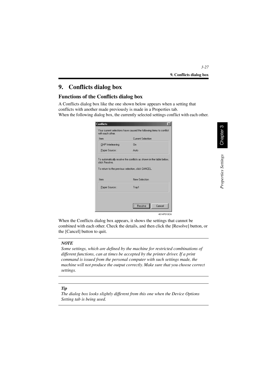 Minolta PCL6 user manual Functions of the Conflicts dialog box 