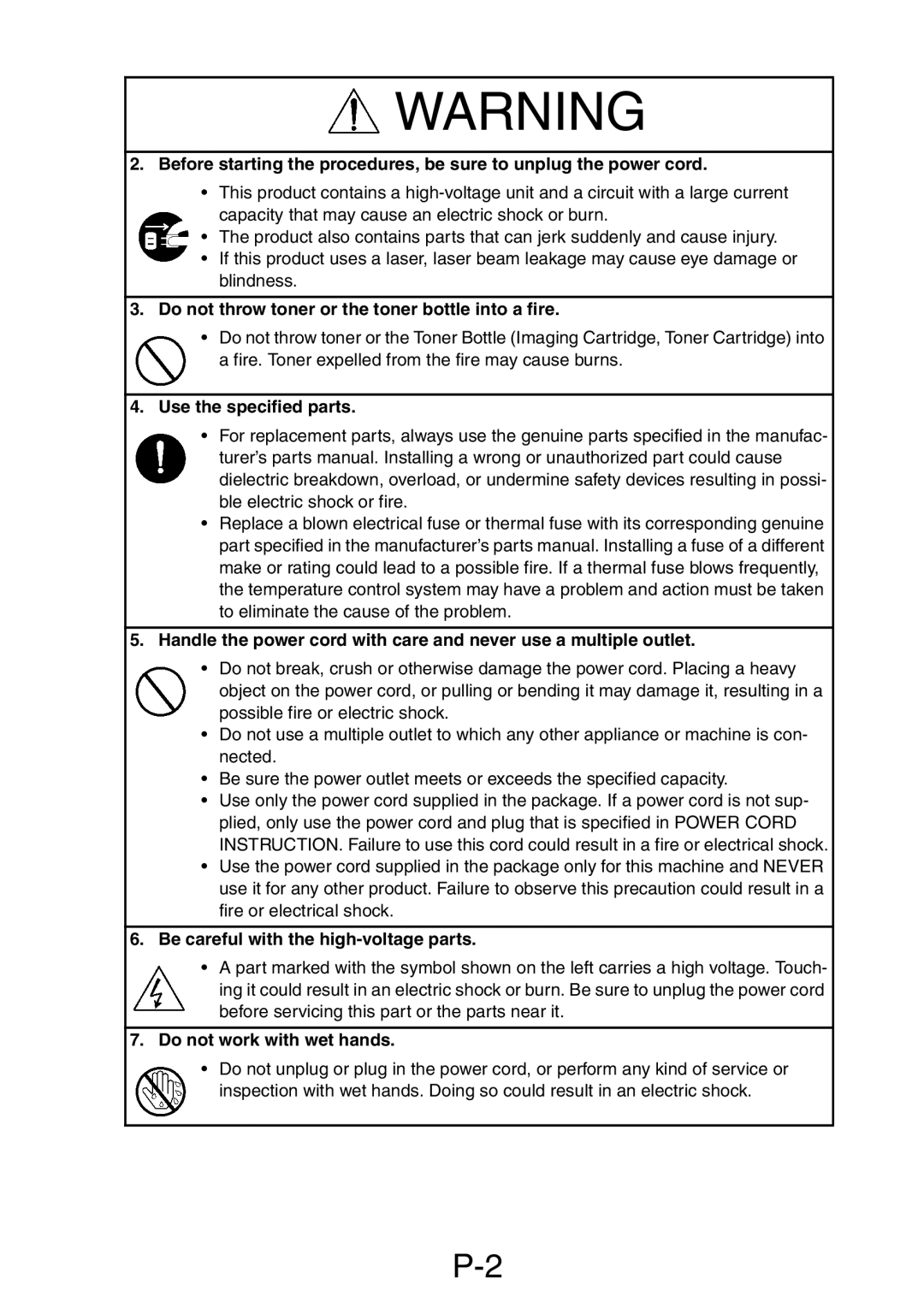 Minolta Pi3505e Do not throw toner or the toner bottle into a fire, Use the specified parts, Do not work with wet hands 