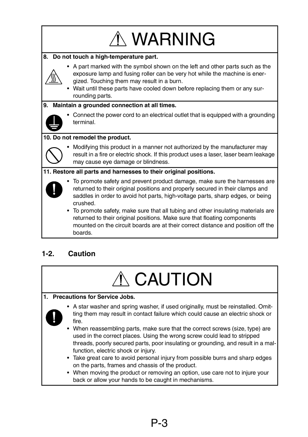 Minolta Pi3505e/PS service manual Do not touch a high-temperature part, Maintain a grounded connection at all times 