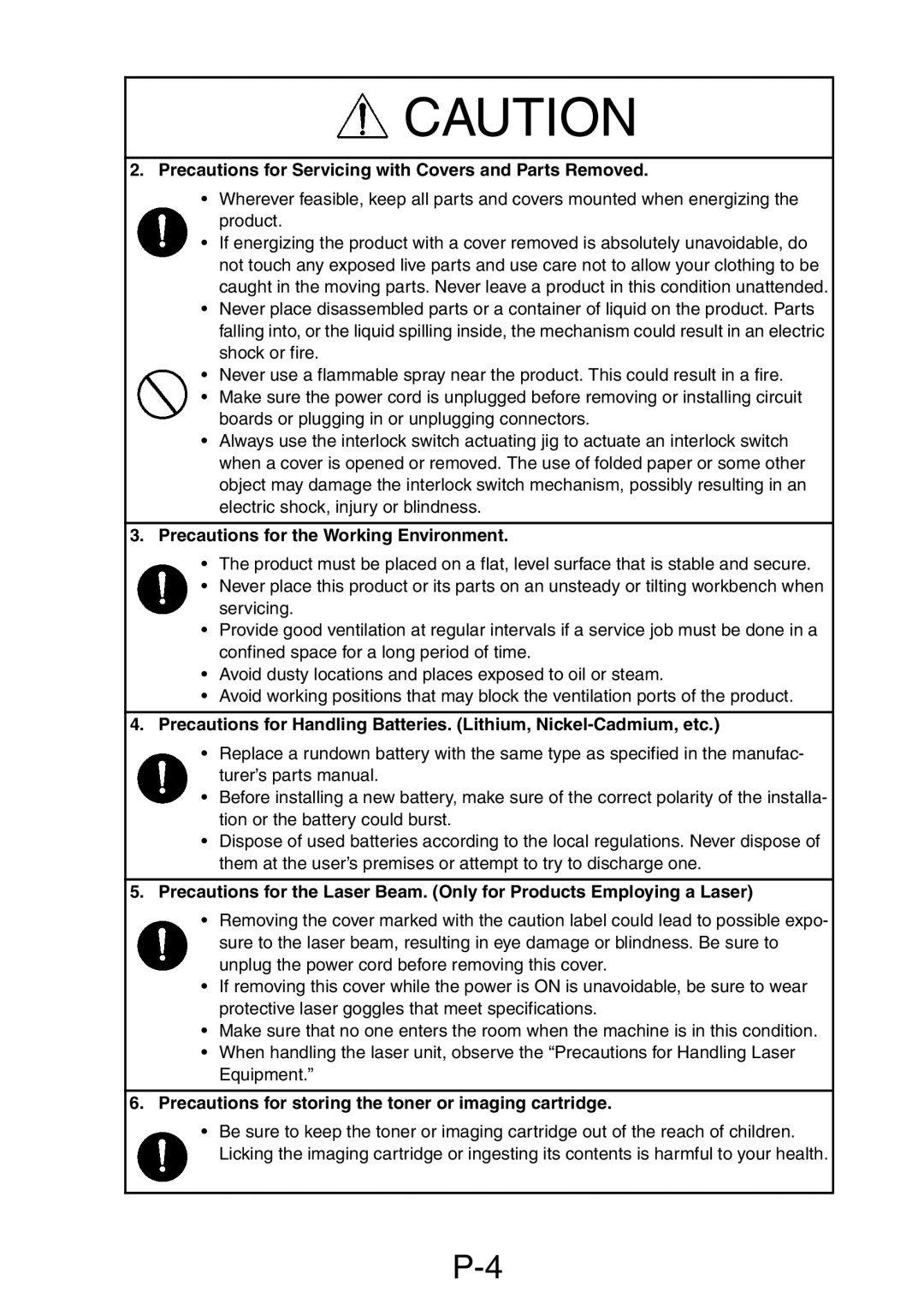 Minolta Pi3505e Precautions for Servicing with Covers and Parts Removed, Precautions for the Working Environment 