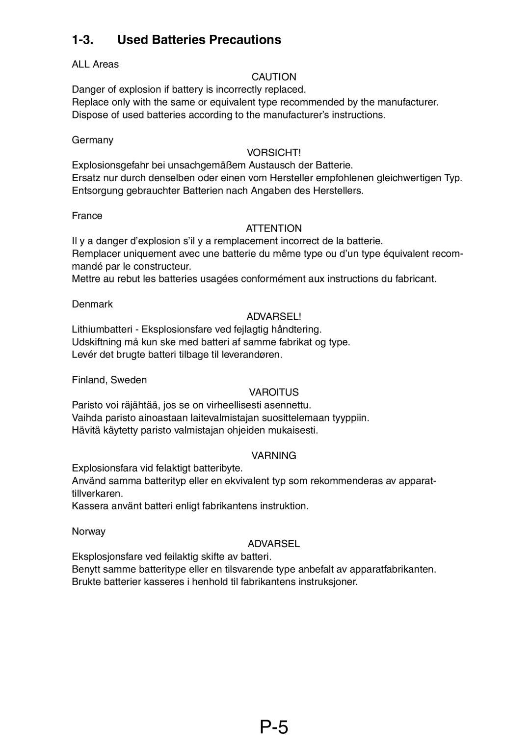 Minolta Pi3505e/PS service manual Used Batteries Precautions, ALL Areas, Germany, Vorsicht, Varning 