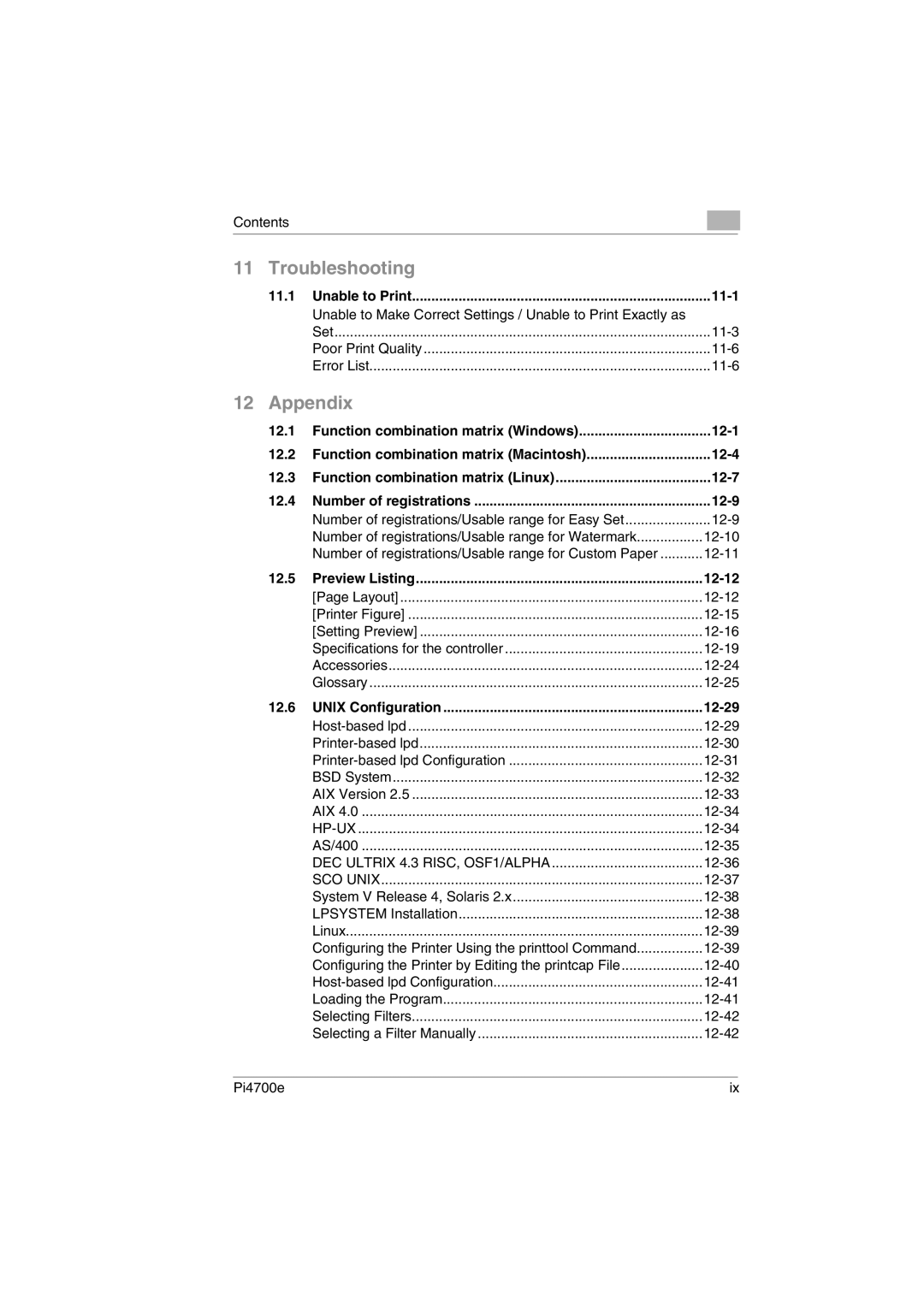 Minolta PI4700E user manual Unable to Print, Preview Listing, Unix Configuration 