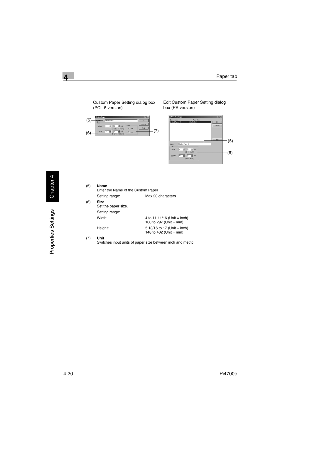 Minolta PI4700E user manual Name, Size, Unit 