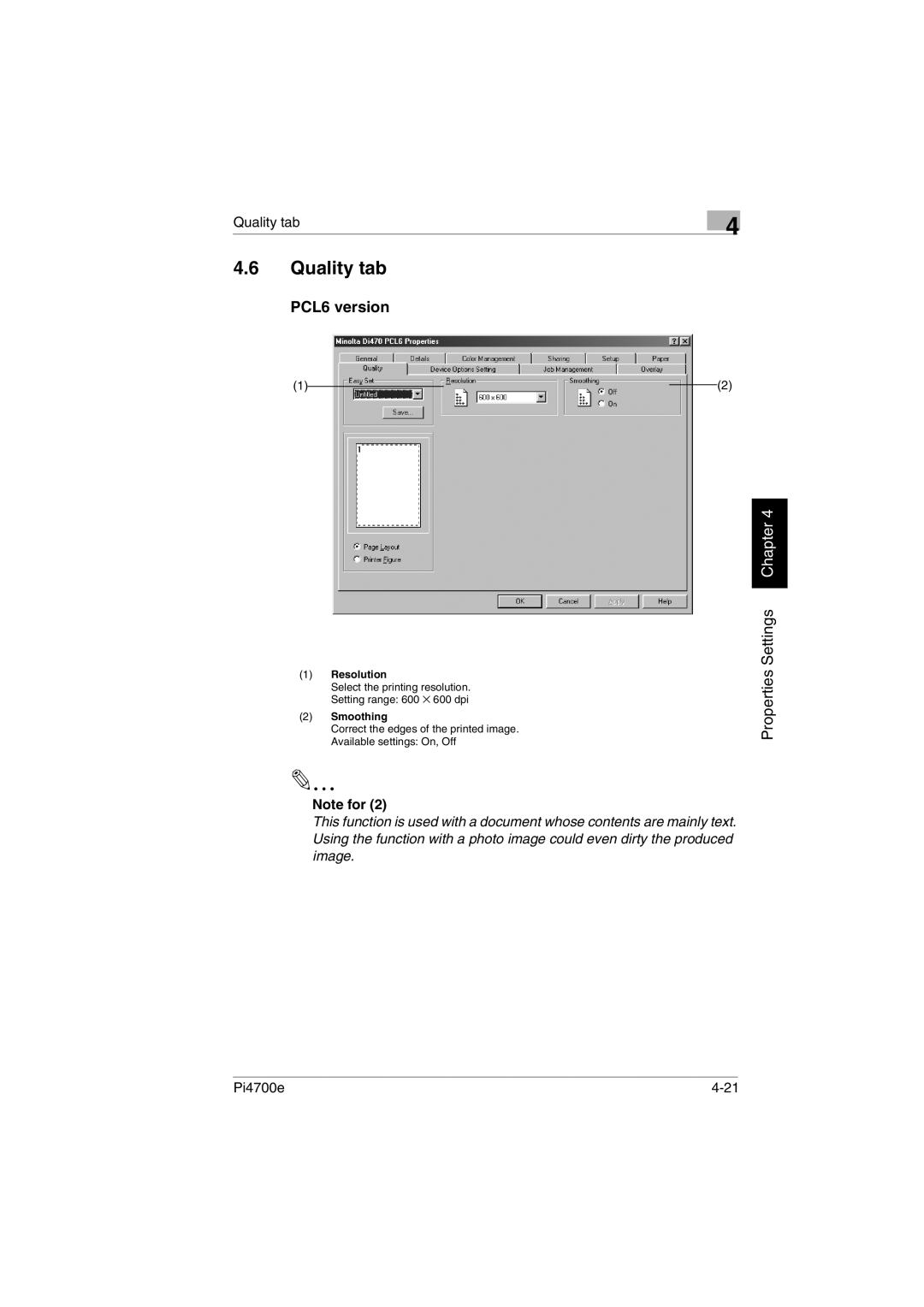 Minolta PI4700E user manual Quality tab, PCL6 version, Resolution, Smoothing 