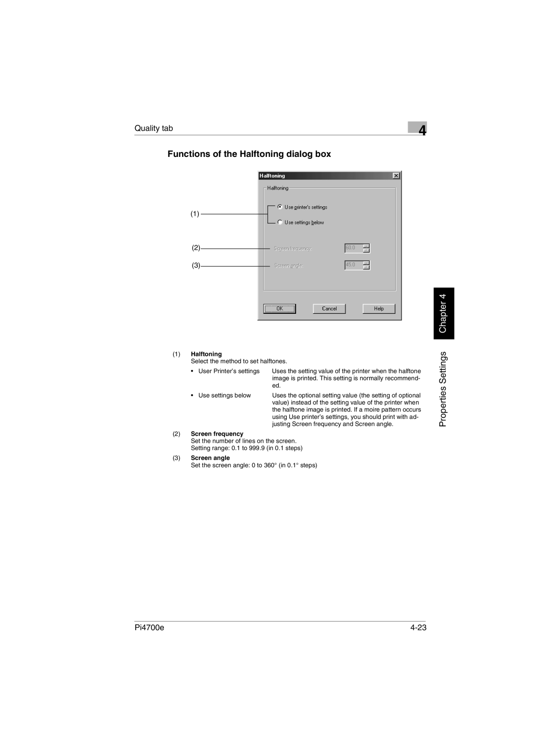 Minolta PI4700E user manual Functions of the Halftoning dialog box, Screen frequency, Screen angle 