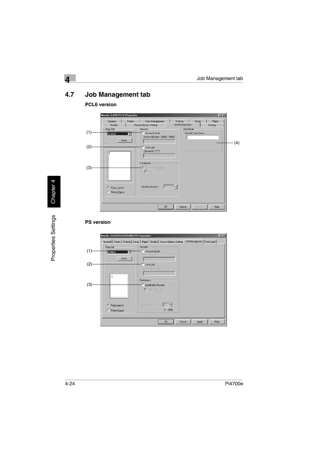 Minolta PI4700E user manual Job Management tab, PCL6 version 