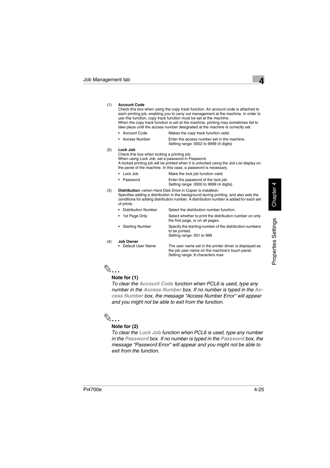 Minolta PI4700E user manual Job Management tab, Account Code, Lock Job, Job Owner 