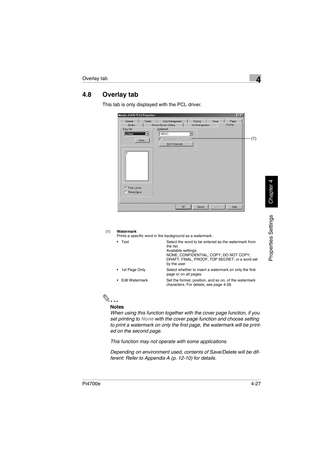 Minolta PI4700E user manual Overlay tab, This tab is only displayed with the PCL driver, Watermark 