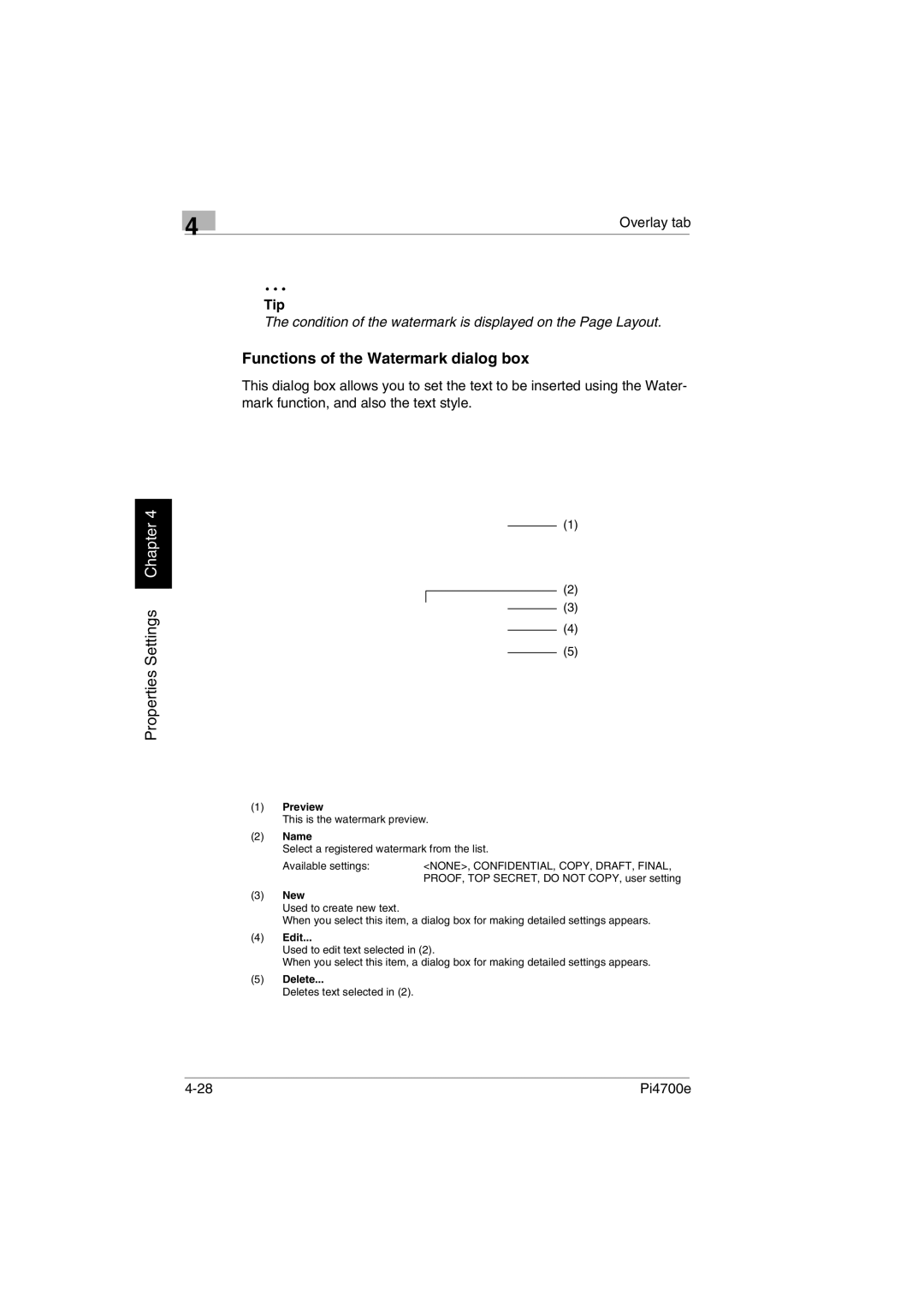 Minolta PI4700E user manual Functions of the Watermark dialog box, Preview 