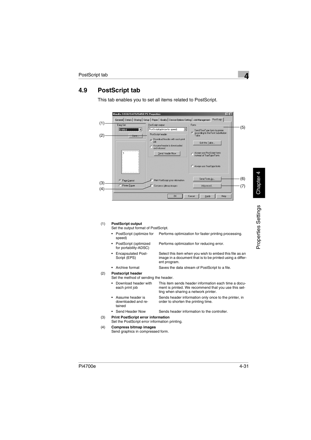 Minolta PI4700E user manual PostScript tab, This tab enables you to set all items related to PostScript 