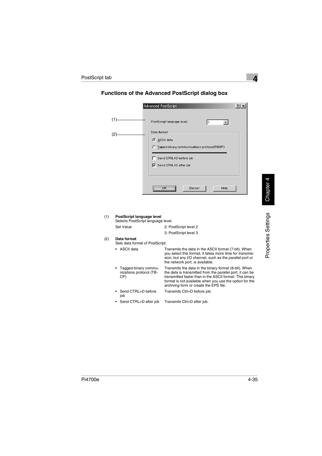 Minolta PI4700E user manual Functions of the Advanced PostScript dialog box, Data format 