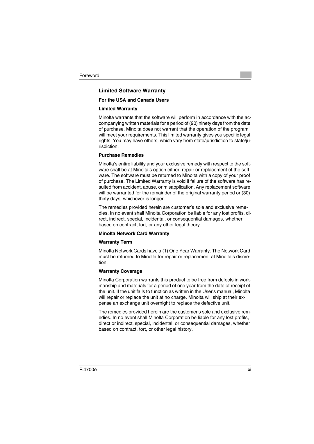 Minolta PI4700E user manual Limited Software Warranty, For the USA and Canada Users Limited Warranty, Purchase Remedies 
