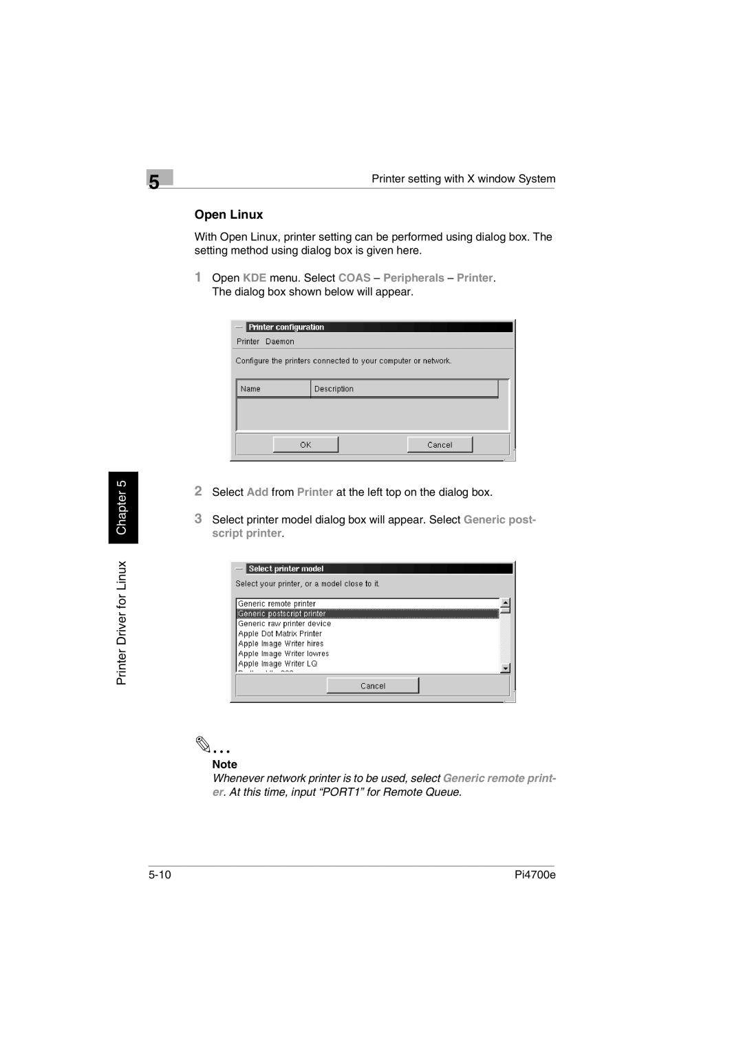 Minolta PI4700E user manual Open Linux, Printer setting with X window System 