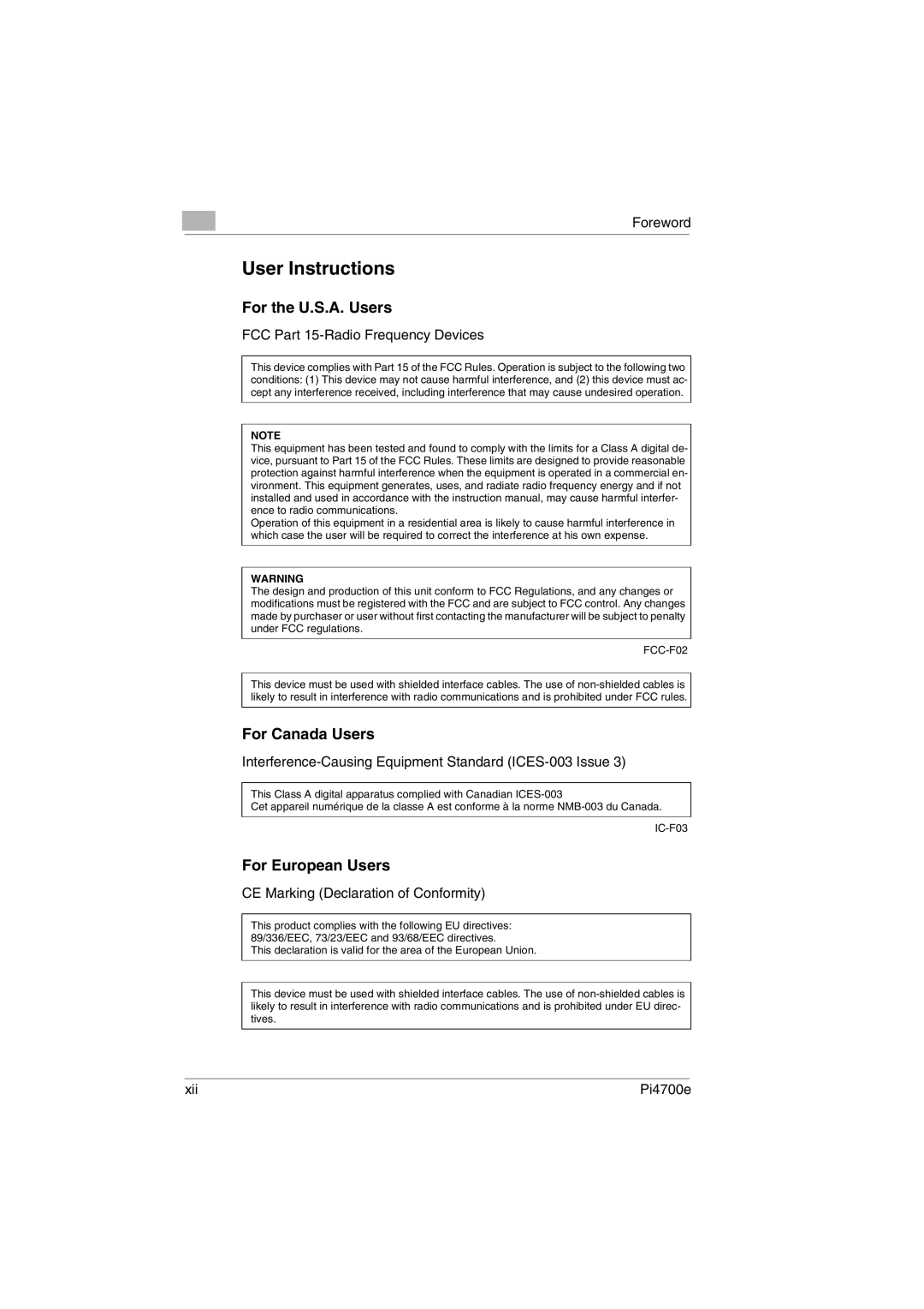 Minolta PI4700E user manual User Instructions, For the U.S.A. Users, For Canada Users, For European Users 